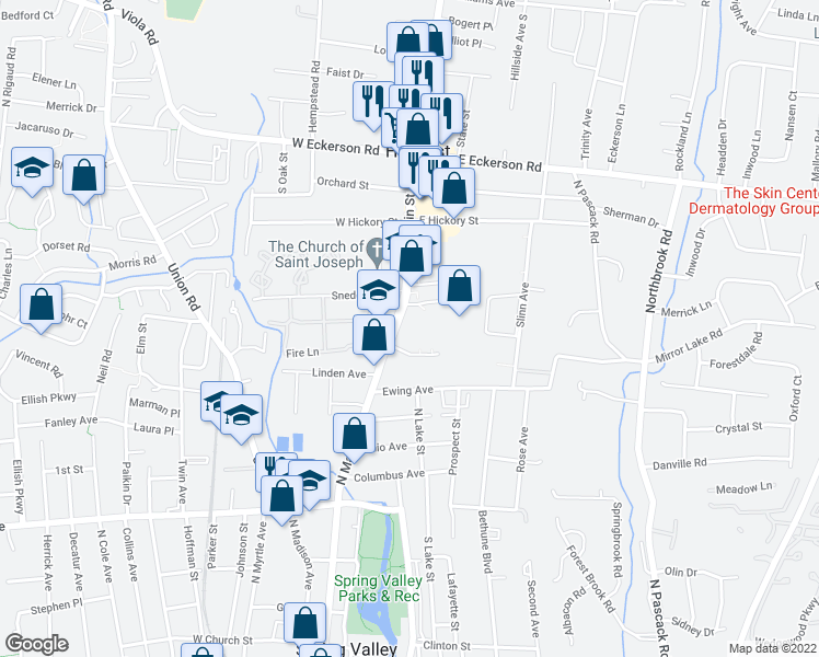 map of restaurants, bars, coffee shops, grocery stores, and more near 198A North Main Street in Spring Valley