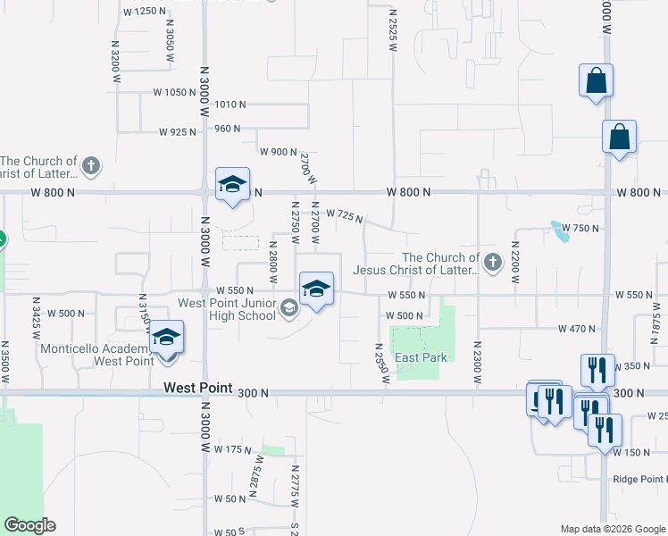 map of restaurants, bars, coffee shops, grocery stores, and more near 587 North 2625 West in West Point