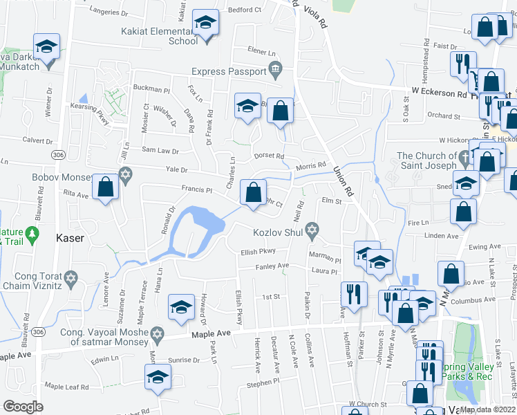 map of restaurants, bars, coffee shops, grocery stores, and more near 14 Zeissner Lane in Spring Valley