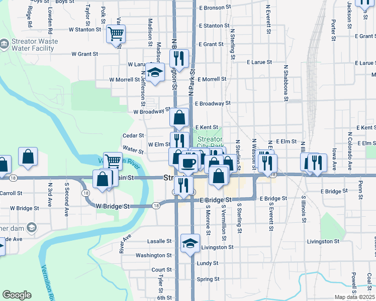 map of restaurants, bars, coffee shops, grocery stores, and more near 208 North Park Street in Streator