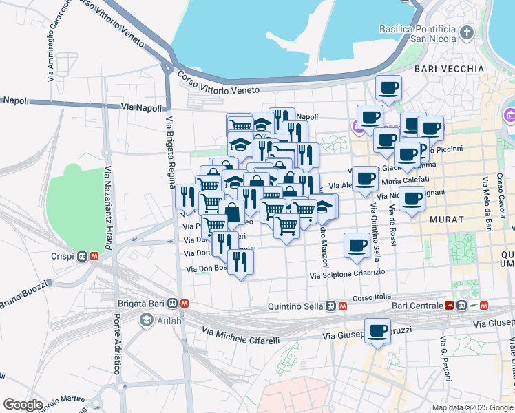 map of restaurants, bars, coffee shops, grocery stores, and more near 76 Via Giovanni Bovio in Bari