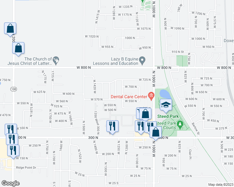 map of restaurants, bars, coffee shops, grocery stores, and more near 626 North 1260 West in Clinton
