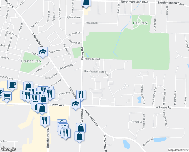 map of restaurants, bars, coffee shops, grocery stores, and more near 1428 Buckingham Gate Boulevard in Cuyahoga Falls