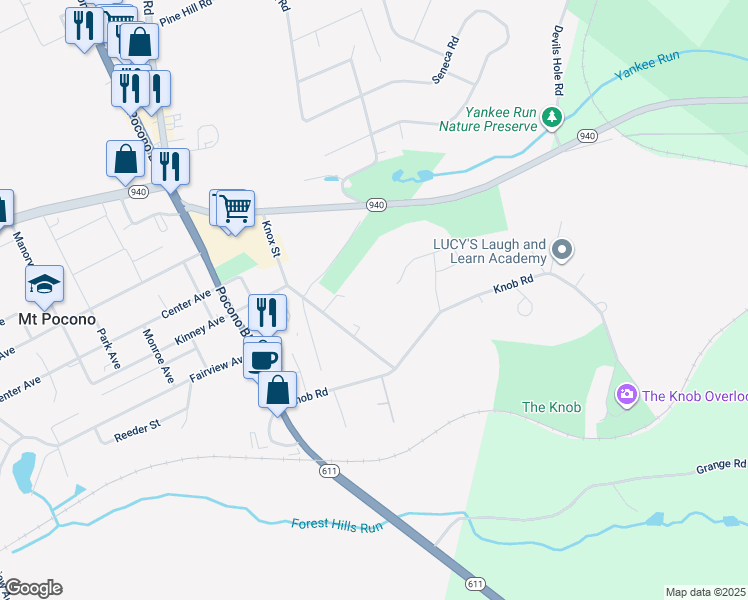 map of restaurants, bars, coffee shops, grocery stores, and more near 24 Mason Street in Mount Pocono