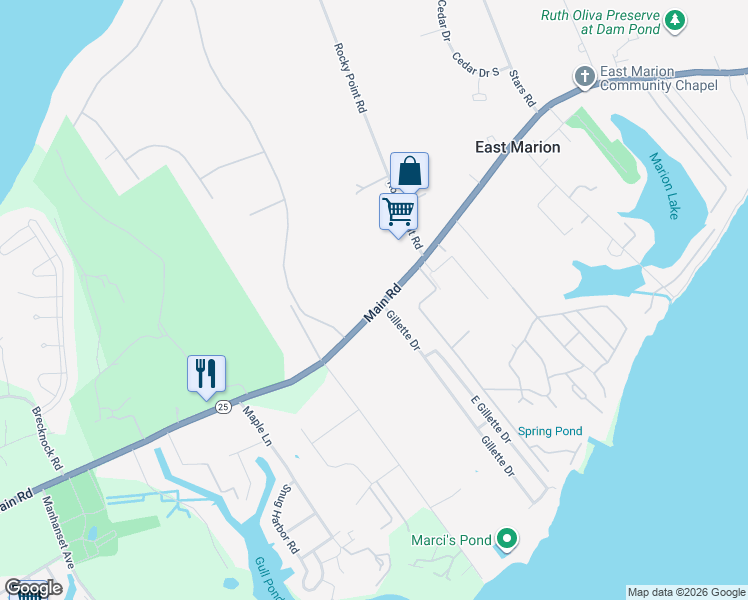 map of restaurants, bars, coffee shops, grocery stores, and more near 6895 Main Road in East Marion