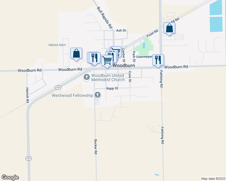 map of restaurants, bars, coffee shops, grocery stores, and more near 22226 Rupp Street in Woodburn