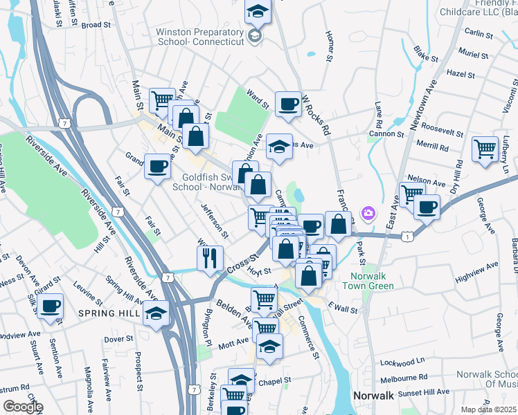 map of restaurants, bars, coffee shops, grocery stores, and more near 106 Connecticut 123 in Norwalk