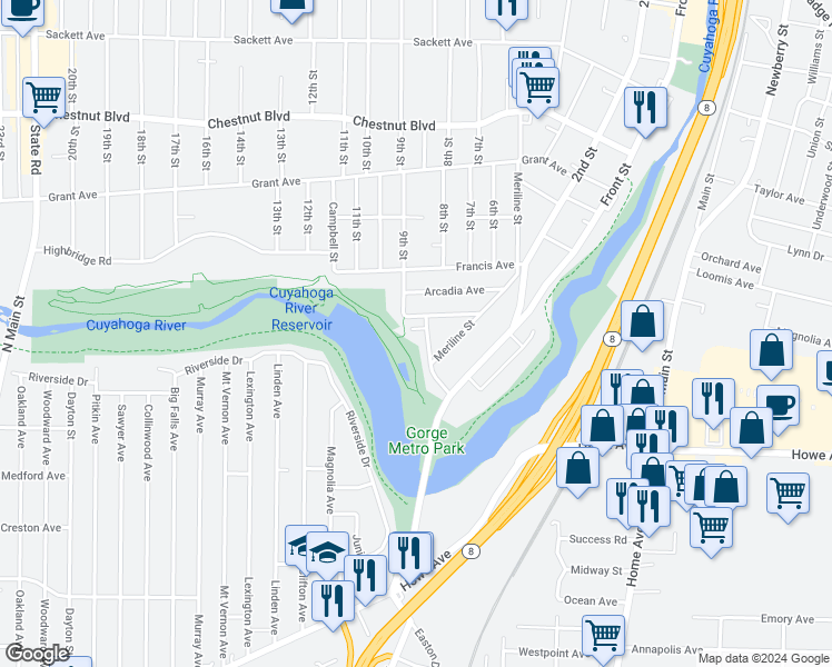 map of restaurants, bars, coffee shops, grocery stores, and more near 1340 Hillcrest Drive in Cuyahoga Falls