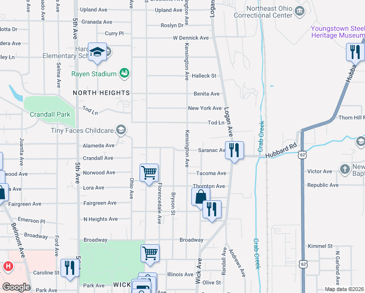 map of restaurants, bars, coffee shops, grocery stores, and more near 68 Saranac Avenue in Youngstown