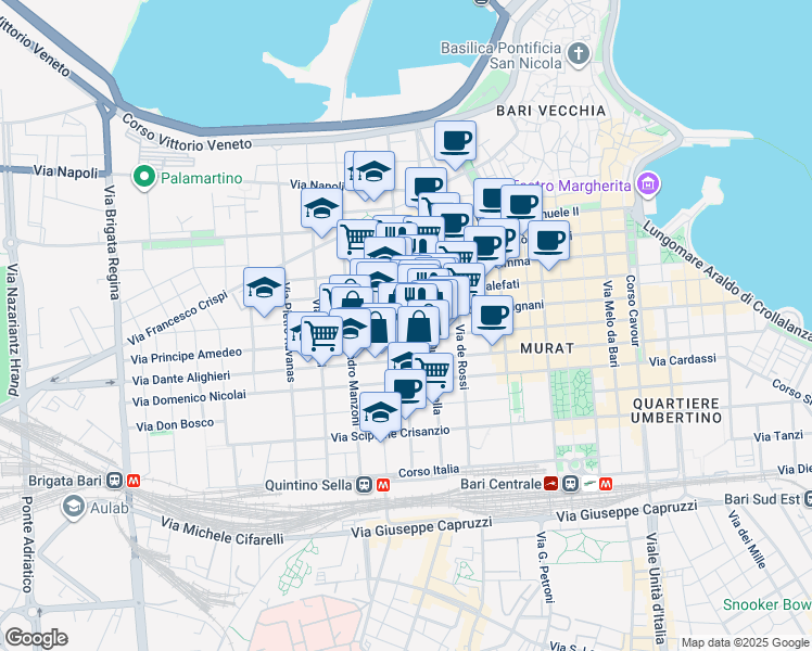 map of restaurants, bars, coffee shops, grocery stores, and more near 61-85 Via Sagarriga Visconti in Bari