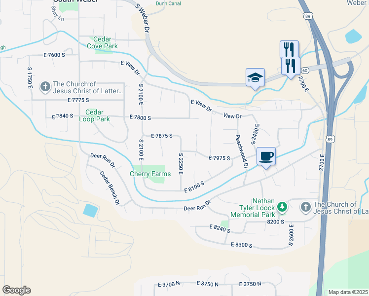 map of restaurants, bars, coffee shops, grocery stores, and more near 2284 East 7975 South in South Weber