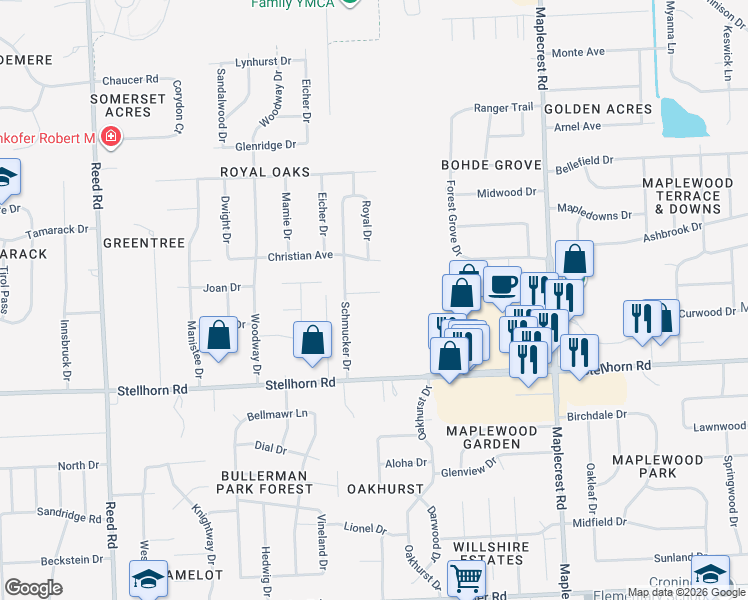 map of restaurants, bars, coffee shops, grocery stores, and more near 5734 Leeds Lane in Fort Wayne