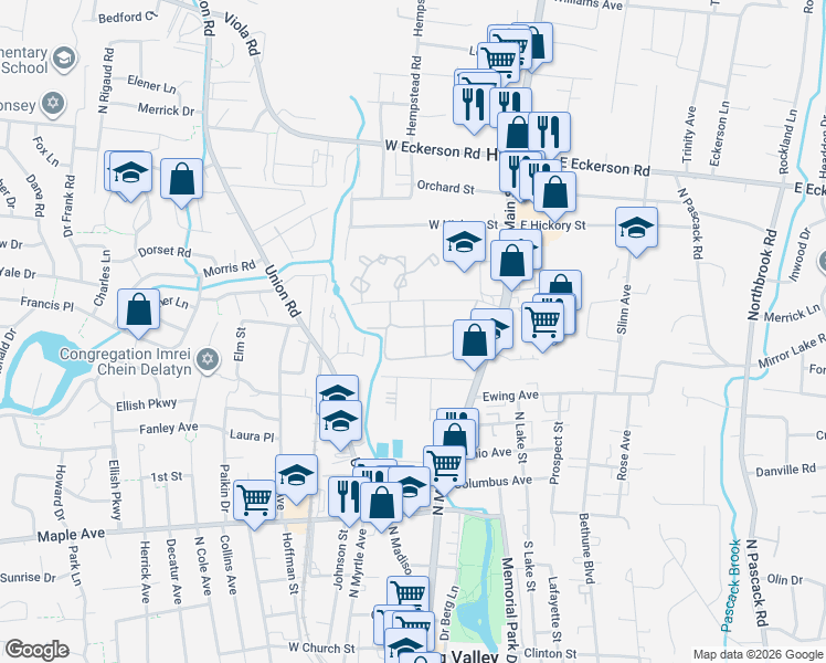 map of restaurants, bars, coffee shops, grocery stores, and more near 194 Sneden Place West in Spring Valley