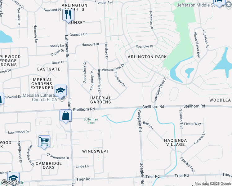 map of restaurants, bars, coffee shops, grocery stores, and more near 4418 Imperial Court in Fort Wayne