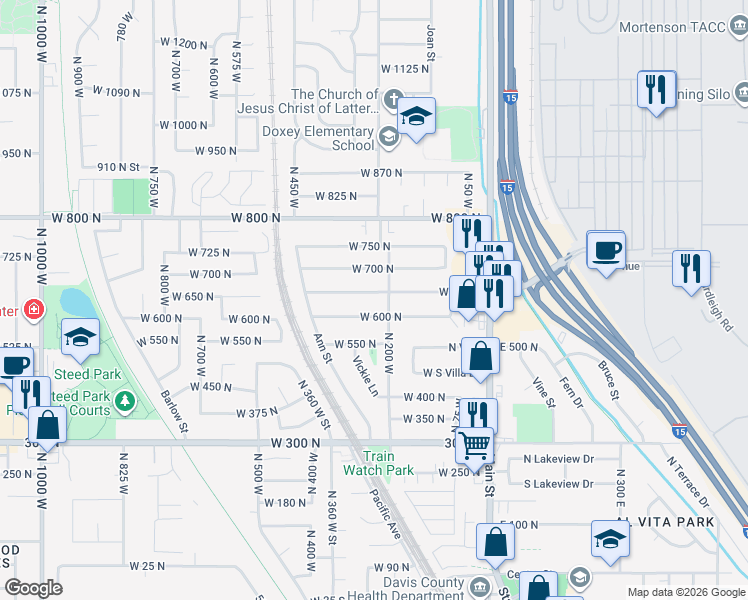 map of restaurants, bars, coffee shops, grocery stores, and more near 636 North 200 West in Clearfield