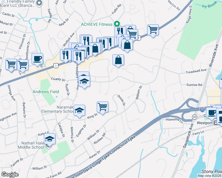 map of restaurants, bars, coffee shops, grocery stores, and more near 19 Oriole Drive in Norwalk
