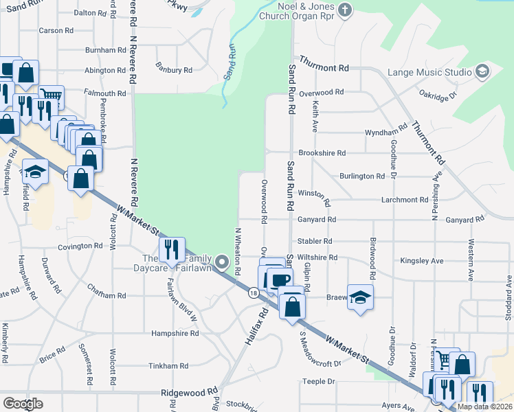 map of restaurants, bars, coffee shops, grocery stores, and more near 160 Overwood Road in Akron