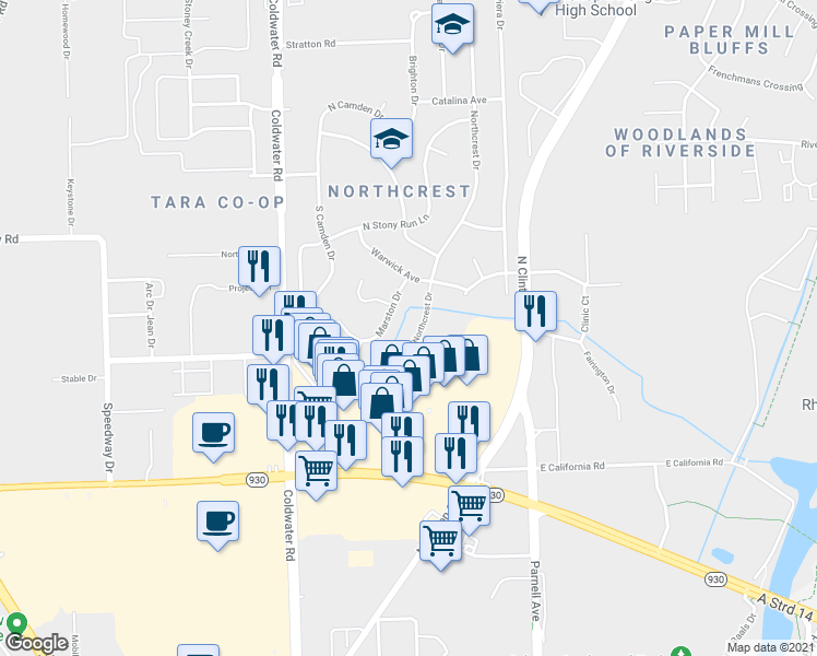 map of restaurants, bars, coffee shops, grocery stores, and more near 4815 Northcrest Drive in Fort Wayne