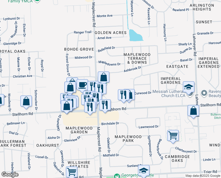 map of restaurants, bars, coffee shops, grocery stores, and more near 4522 Maplecrest Road in Fort Wayne