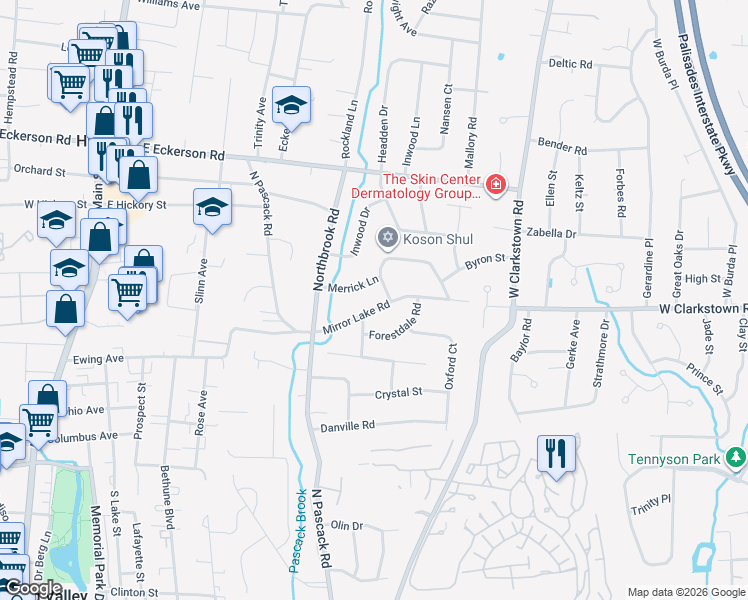 map of restaurants, bars, coffee shops, grocery stores, and more near 20 Mirror Lake Road in Spring Valley