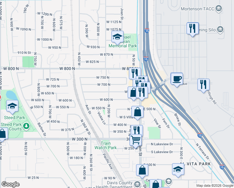 map of restaurants, bars, coffee shops, grocery stores, and more near 150 West 650 North in Clearfield