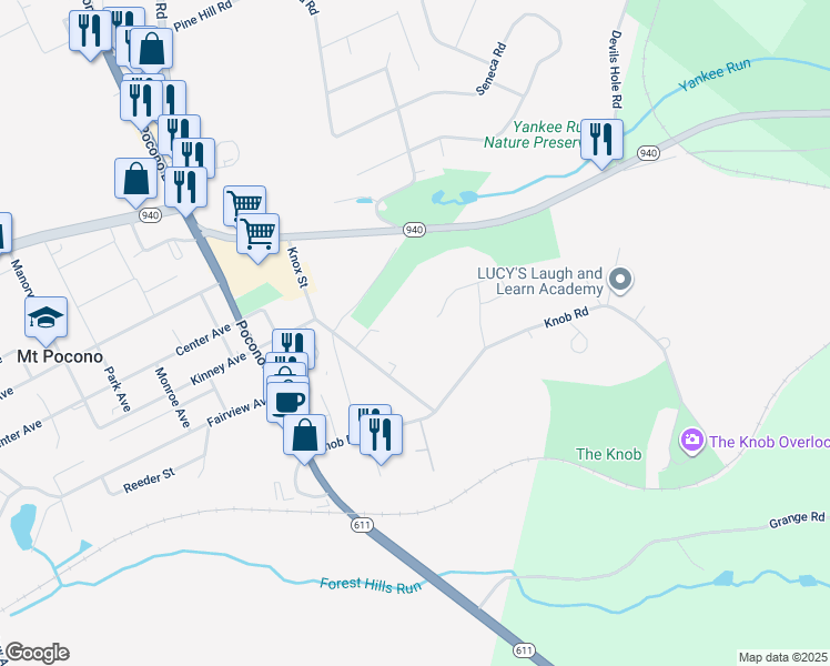 map of restaurants, bars, coffee shops, grocery stores, and more near 24 Mason Street in Mount Pocono