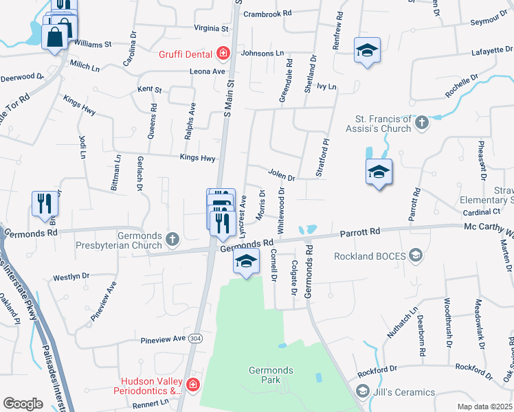 map of restaurants, bars, coffee shops, grocery stores, and more near 22 Morris Drive in New City