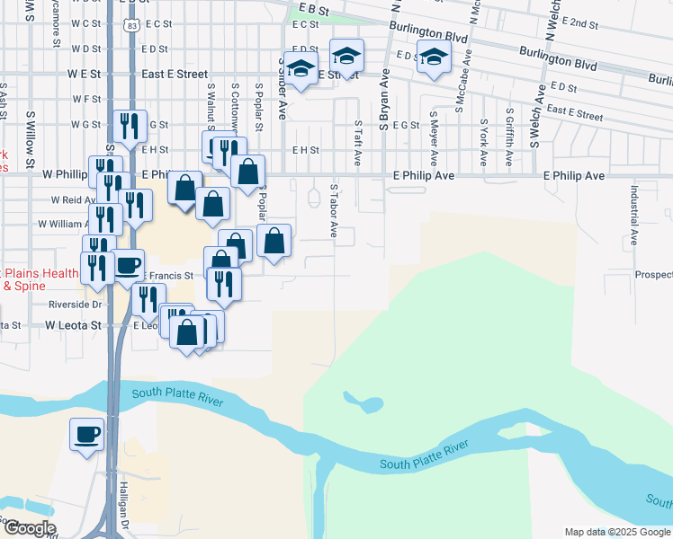 map of restaurants, bars, coffee shops, grocery stores, and more near 1209 South Tabor Avenue in North Platte