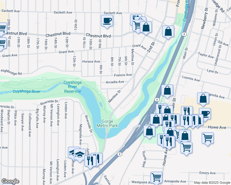 map of restaurants, bars, coffee shops, grocery stores, and more near 1333 Meriline Street in Cuyahoga Falls