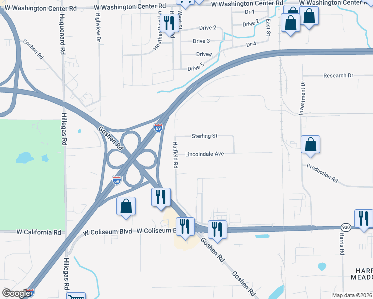 map of restaurants, bars, coffee shops, grocery stores, and more near 3016 Lincolndale Avenue in Fort Wayne