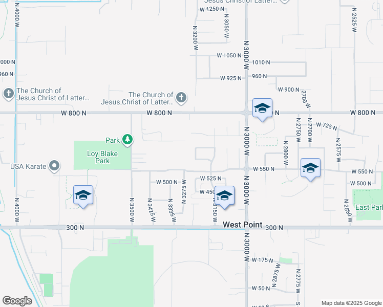 map of restaurants, bars, coffee shops, grocery stores, and more near 627 North 3225 West in West Point