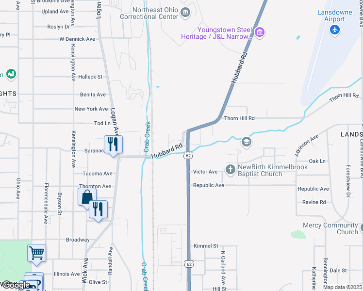 map of restaurants, bars, coffee shops, grocery stores, and more near 1007 Hubbard Road in Youngstown