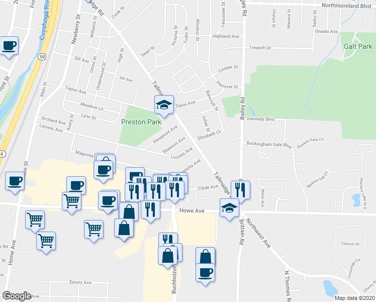 map of restaurants, bars, coffee shops, grocery stores, and more near 826 Loomis Avenue in Cuyahoga Falls