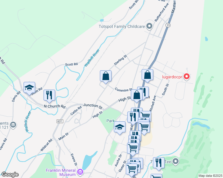 map of restaurants, bars, coffee shops, grocery stores, and more near 114 Main Street in Franklin