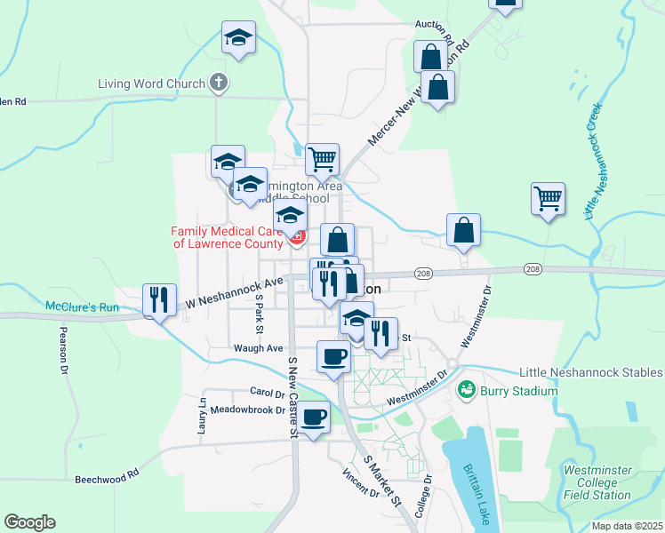 map of restaurants, bars, coffee shops, grocery stores, and more near 124 West Neshannock Avenue in New Wilmington