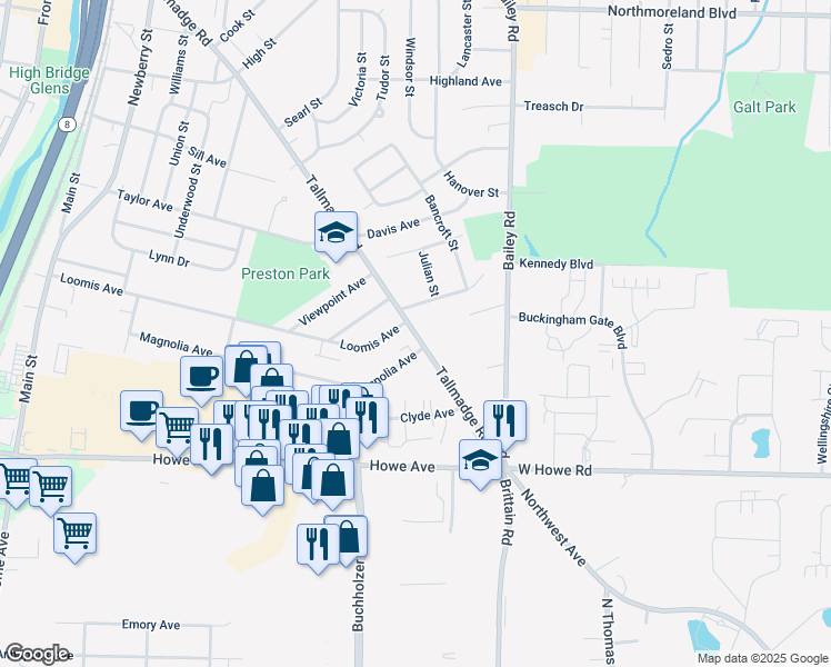 map of restaurants, bars, coffee shops, grocery stores, and more near 987 Magnolia Avenue in Cuyahoga Falls