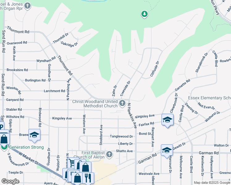 map of restaurants, bars, coffee shops, grocery stores, and more near 460 Treeside Drive in Akron