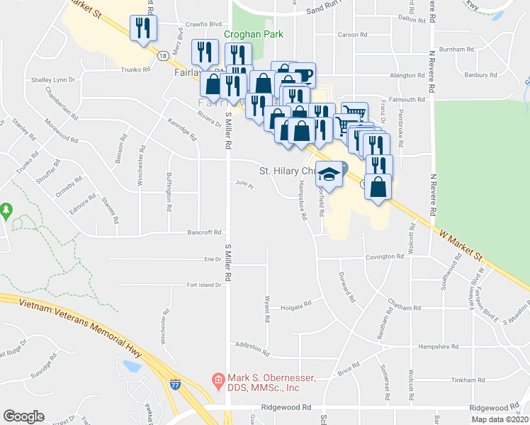 map of restaurants, bars, coffee shops, grocery stores, and more near 2544 Chamberlain Road in Fairlawn