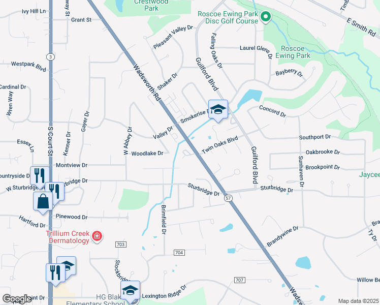 map of restaurants, bars, coffee shops, grocery stores, and more near 991 Wadsworth Road in Medina
