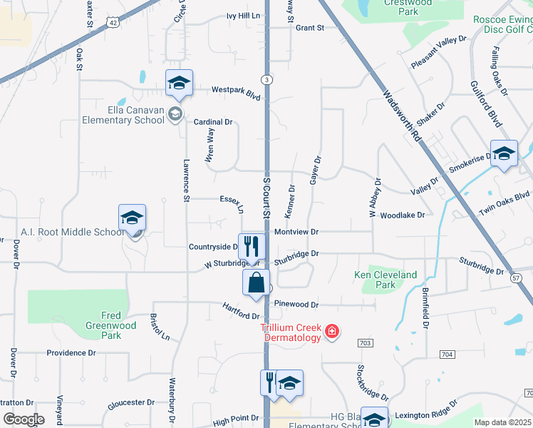 map of restaurants, bars, coffee shops, grocery stores, and more near 980 Ohio 3 in Medina