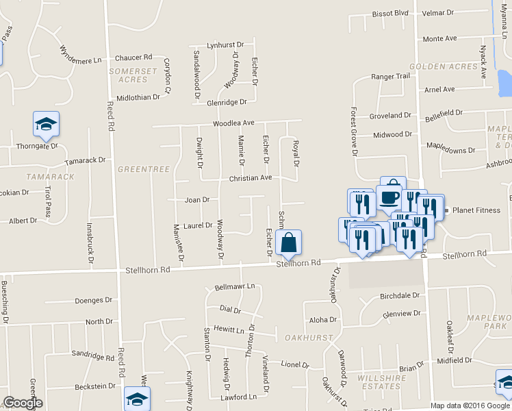 map of restaurants, bars, coffee shops, grocery stores, and more near 4701-4721 Dutchess Lane in Fort Wayne