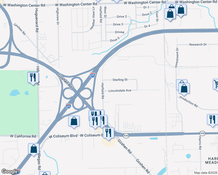 map of restaurants, bars, coffee shops, grocery stores, and more near 3016 Lincolndale Avenue in Fort Wayne