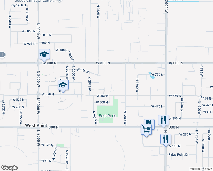 map of restaurants, bars, coffee shops, grocery stores, and more near 628 North 2450 West in West Point