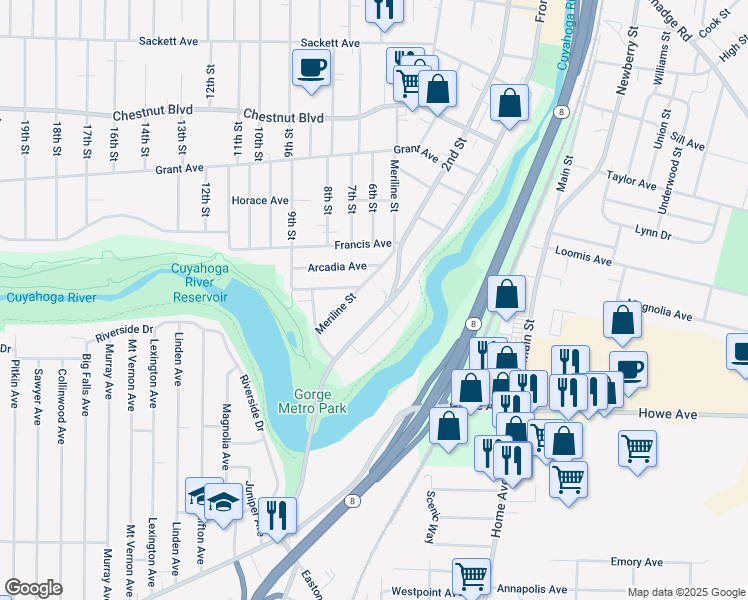 map of restaurants, bars, coffee shops, grocery stores, and more near 1360 Front Street in Cuyahoga Falls