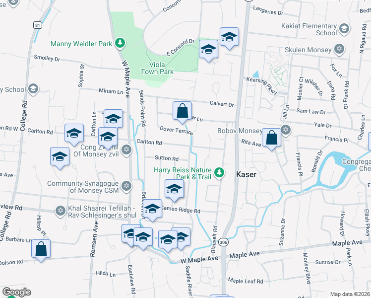 map of restaurants, bars, coffee shops, grocery stores, and more near 1 Sutton Road in Monsey