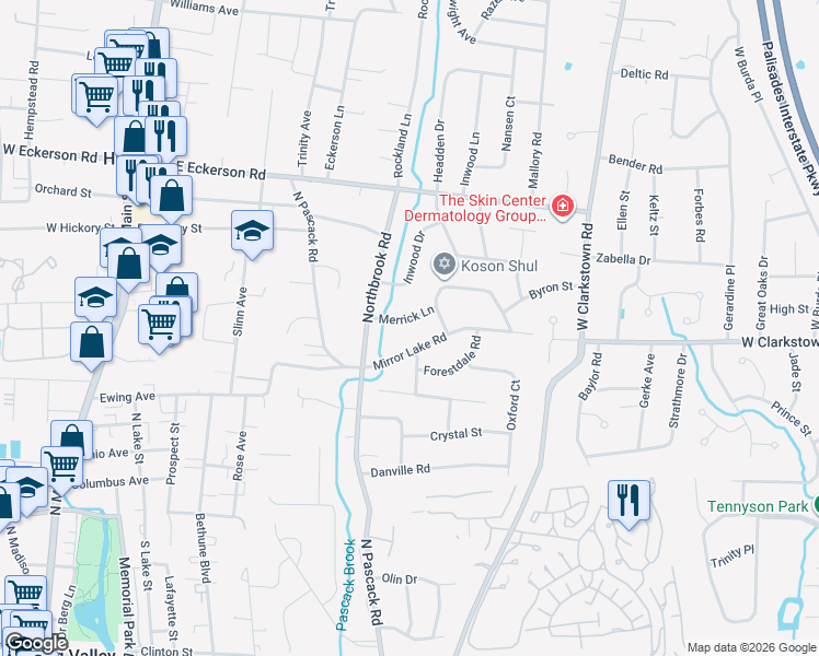 map of restaurants, bars, coffee shops, grocery stores, and more near 20 Mirror Lake Road in Spring Valley