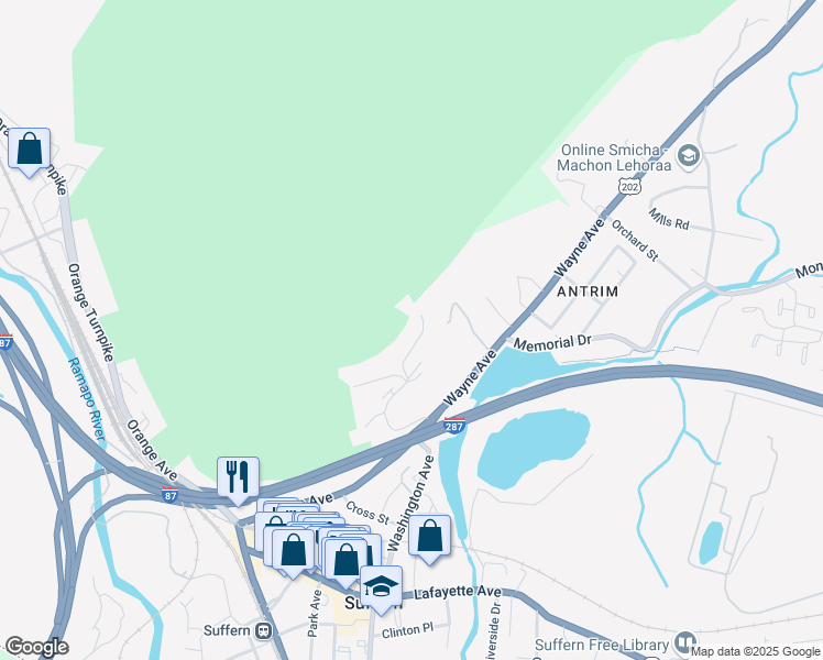map of restaurants, bars, coffee shops, grocery stores, and more near 48 Pavilion Road in Suffern