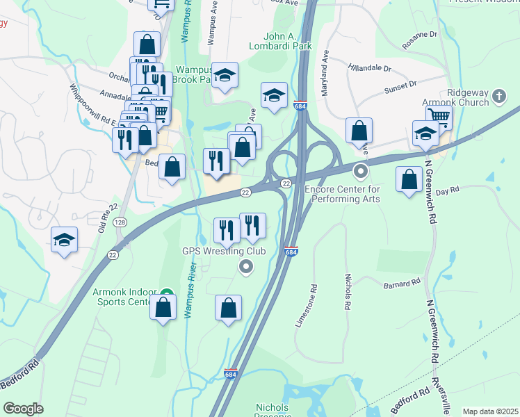 map of restaurants, bars, coffee shops, grocery stores, and more near 90 Business Park Drive in Armonk