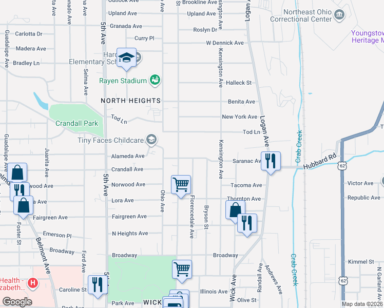 map of restaurants, bars, coffee shops, grocery stores, and more near 137 Saranac Avenue in Youngstown