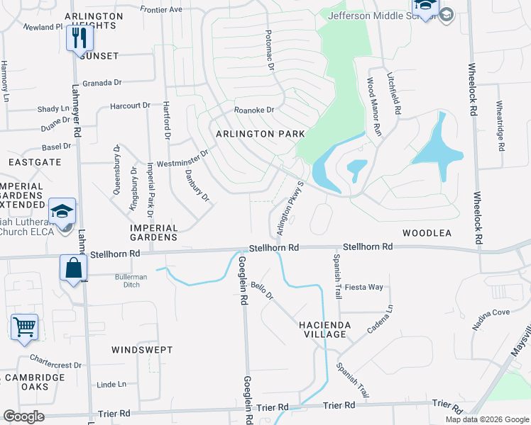 map of restaurants, bars, coffee shops, grocery stores, and more near 4434 Redstone Court in Fort Wayne